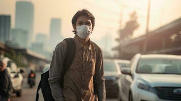 A young man wears an N95 mask to protect against PM 2.5 dust and air pollution. Behind there are cars passing by and there is a thin stream. photo