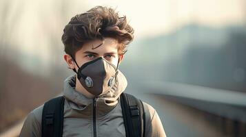 A young man wears an N95 mask to protect against PM 2.5 dust and air pollution. Behind there are cars passing by and there is a thin stream. photo