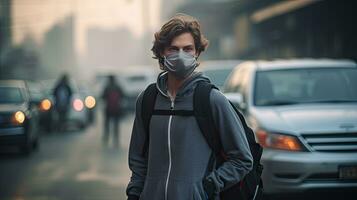 un joven hombre usa un n95 máscara a proteger en contra pm 2.5 polvo y aire contaminación. detrás allí son carros paso por y allí es un Delgado arroyo. foto