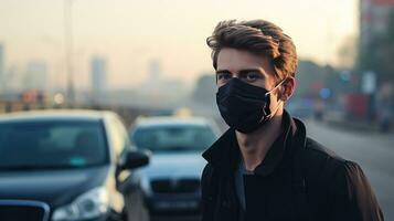 un joven hombre usa un n95 máscara a proteger en contra pm 2.5 polvo y aire contaminación. detrás allí son carros paso por y allí es un Delgado arroyo. foto