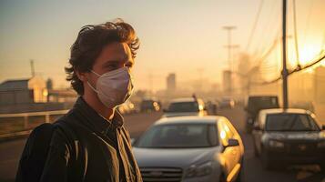 un joven hombre usa un n95 máscara a proteger en contra pm 2.5 polvo y aire contaminación. detrás allí son carros paso por y allí es un Delgado arroyo. foto