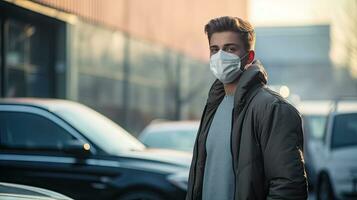 un joven hombre usa un n95 máscara a proteger en contra pm 2.5 polvo y aire contaminación. detrás allí son carros paso por y allí es un Delgado arroyo. foto