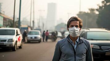 un joven hombre usa un n95 máscara a proteger en contra pm 2.5 polvo y aire contaminación. detrás allí son carros paso por y allí es un Delgado arroyo. foto