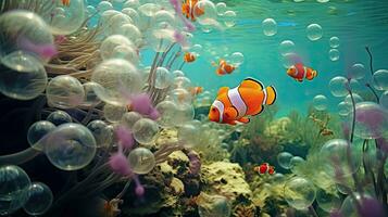 The coral reef is beautiful with sea anemones and clown fish photo