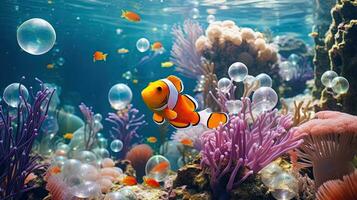 The coral reef is beautiful with sea anemones and clown fish photo