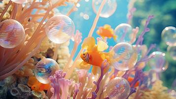 The coral reef is beautiful with sea anemones and clown fish photo