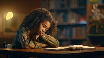 black female elementary school student Sitting alone in the classroom thinking about homework. There is a book on the table photo