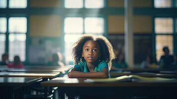 negro hembra elemental colegio estudiante sentado solo en el salón de clases pensando acerca de tarea. allí es un libro en el mesa foto