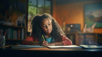 black female elementary school student Sitting alone in the classroom thinking about homework. There is a book on the table photo