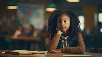 black female elementary school student Sitting alone in the classroom thinking about homework. There is a book on the table photo