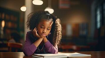 black female elementary school student Sitting alone in the classroom thinking about homework. There is a book on the table photo