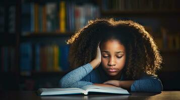 black female elementary school student Sitting alone in the classroom thinking about homework. There is a book on the table photo