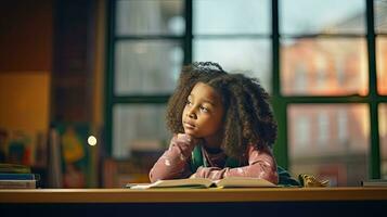 negro hembra elemental colegio estudiante sentado solo en el salón de clases pensando acerca de tarea. allí es un libro en el mesa foto