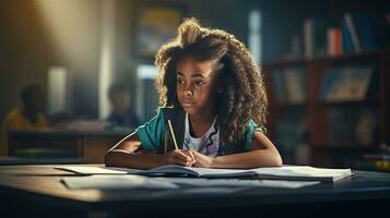 black female elementary school student Sitting alone in the classroom thinking about homework. There is a book on the table photo