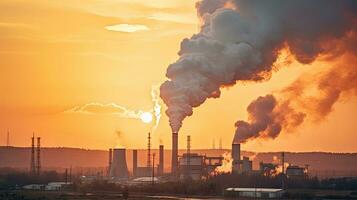 Chemical factory with smokestack Smoke from factory pipes at sunset, ecological problems and air pollution photo