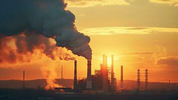 Chemical factory with smokestack Smoke from factory pipes at sunset, ecological problems and air pollution photo