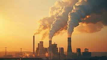 Chemical factory with smokestack Smoke from factory pipes at sunset, ecological problems and air pollution photo