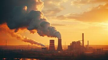 Chemical factory with smokestack Smoke from factory pipes at sunset, ecological problems and air pollution photo