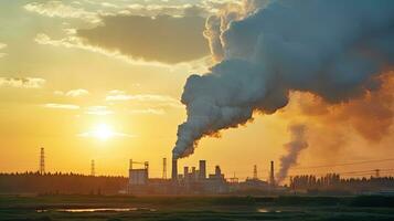 Chemical factory with smokestack Smoke from factory pipes at sunset, ecological problems and air pollution photo