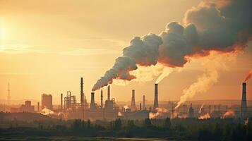 Chemical factory with smokestack Smoke from factory pipes at sunset, ecological problems and air pollution photo