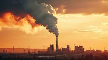 Chemical factory with smokestack Smoke from factory pipes at sunset, ecological problems and air pollution photo