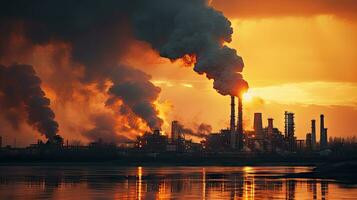 Chemical factory with smokestack Smoke from factory pipes at sunset, ecological problems and air pollution photo