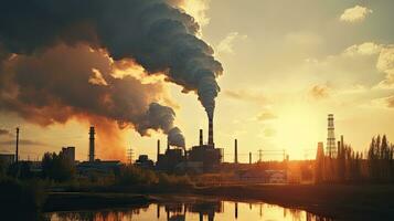 Chemical factory with smokestack Smoke from factory pipes at sunset, ecological problems and air pollution photo