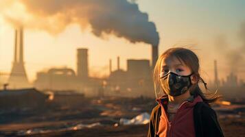 Children wearing masks to prevent air pollution Behind is the factory smokestack. photo