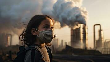 niños vistiendo mascaras a evitar aire contaminación detrás es el fábrica chimenea. foto