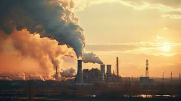 Chemical factory with smokestack Smoke from factory pipes at sunset, ecological problems and air pollution photo