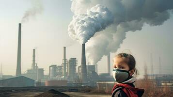 niños vistiendo mascaras a evitar aire contaminación detrás es el fábrica chimenea. foto