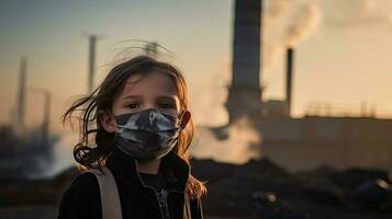 Children wearing masks to prevent air pollution Behind is the factory smokestack. photo