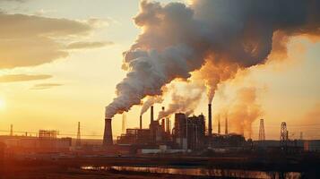 Chemical factory with smokestack Smoke from factory pipes at sunset, ecological problems and air pollution photo