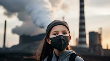 Children wearing masks to prevent air pollution Behind is the factory smokestack. photo