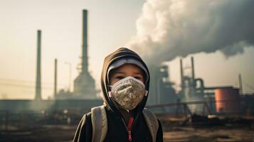 niños vistiendo mascaras a evitar aire contaminación detrás es el fábrica chimenea. foto