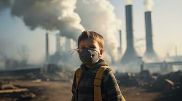 Children wearing masks to prevent air pollution Behind is the factory smokestack. photo