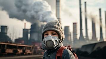 niños vistiendo mascaras a evitar aire contaminación detrás es el fábrica chimenea. foto