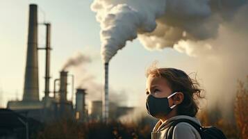 niños vistiendo mascaras a evitar aire contaminación detrás es el fábrica chimenea. foto