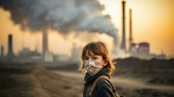 niños vistiendo mascaras a evitar aire contaminación detrás es el fábrica chimenea. foto