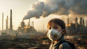 Children wearing masks to prevent air pollution Behind is the factory smokestack. photo