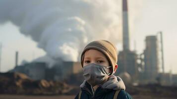 niños vistiendo mascaras a evitar aire contaminación detrás es el fábrica chimenea. foto