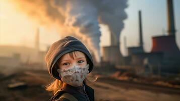 niños vistiendo mascaras a evitar aire contaminación detrás es el fábrica chimenea. foto