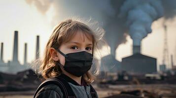 Children wearing masks to prevent air pollution Behind is the factory smokestack. photo