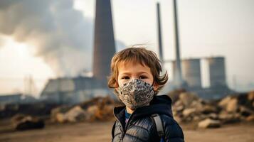 niños vistiendo mascaras a evitar aire contaminación detrás es el fábrica chimenea. foto