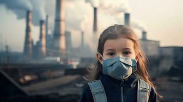 niños vistiendo mascaras a evitar aire contaminación detrás es el fábrica chimenea. foto