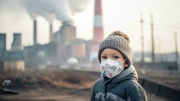 niños vistiendo mascaras a evitar aire contaminación detrás es el fábrica chimenea. foto