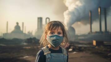 niños vistiendo mascaras a evitar aire contaminación detrás es el fábrica chimenea. foto