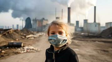 Children wearing masks to prevent air pollution Behind is the factory smokestack. photo