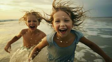 A group of children were having fun playing in the sea. photo