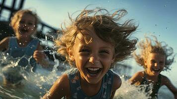 A group of children were having fun playing in the sea. photo